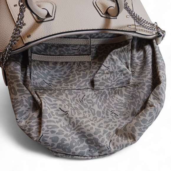 GUESS Garland Ivory Faux Pebbled Leather Tote Bag – Leopard Lining, Silver Chain - Picture 12 of 16